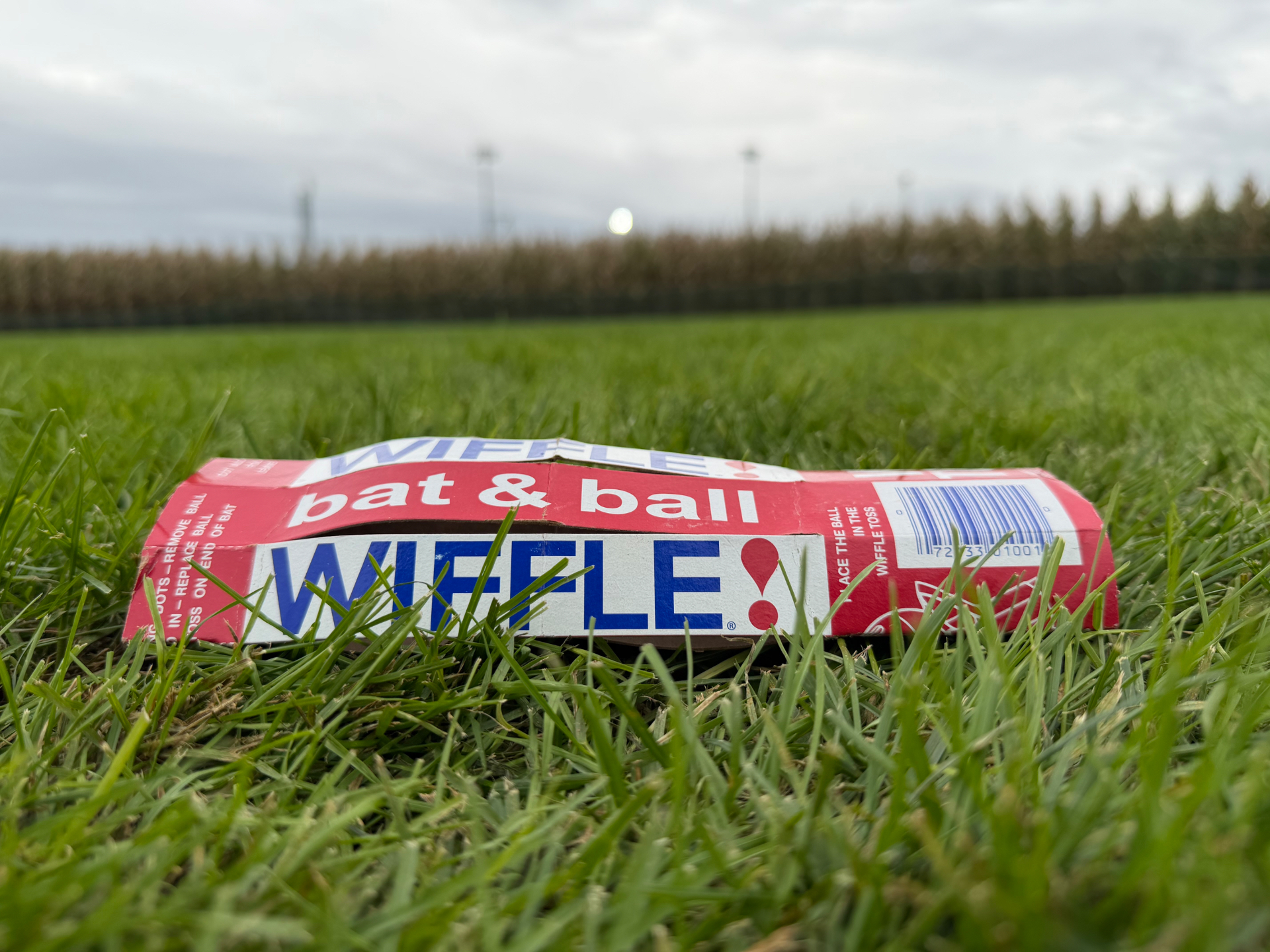 The Wiffle bat and ball box sitting in the grass